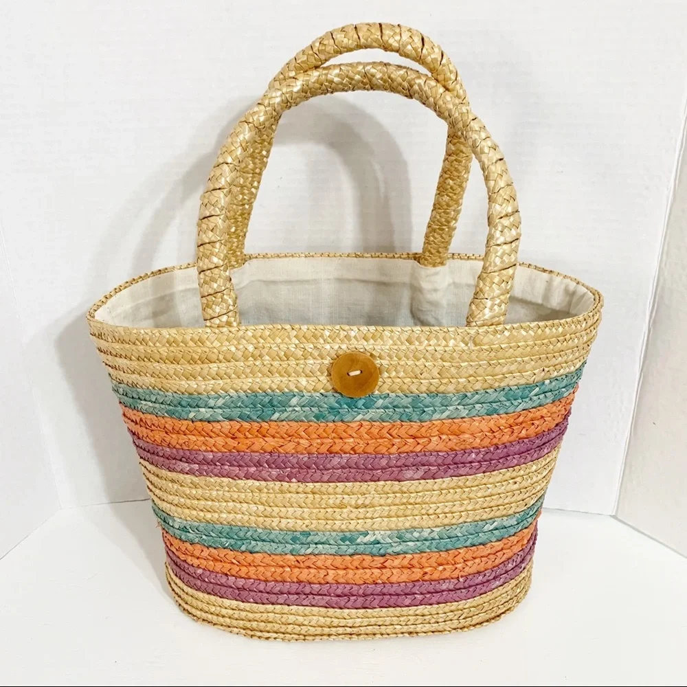 Unbranded Multi Colored Woven Striped Straw Bag Top Hand Fully Lined Oval Shaped